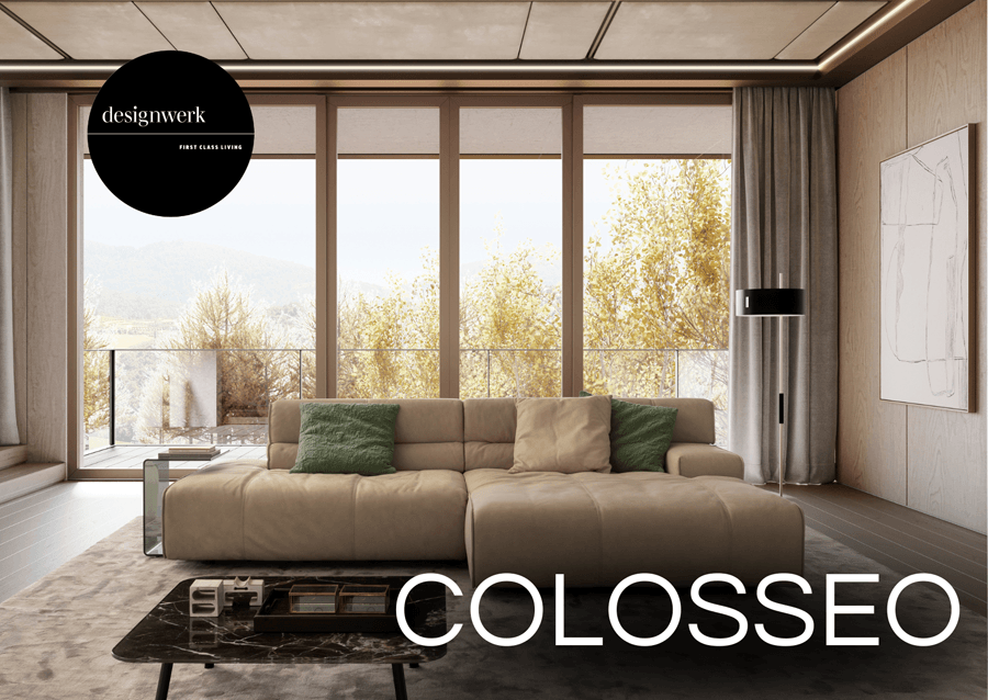 Beige Couch mit Karo-Steppung und Aufschrift "Colosseo"